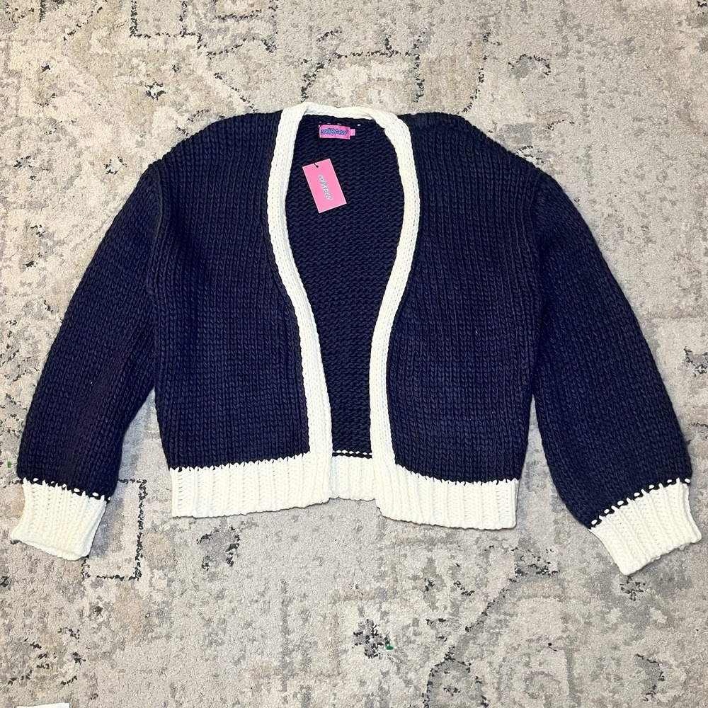 NWT Edikted Contrast Chunky Knit Cardigan Sweater Navy White XS/S Oversized Cozy